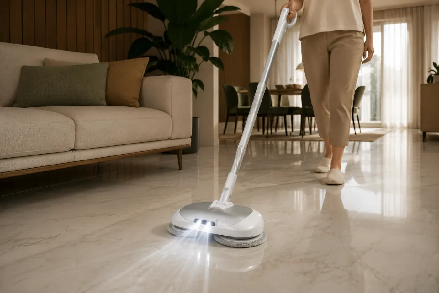 Mop elétrico limpando piso de porcelanato na sala