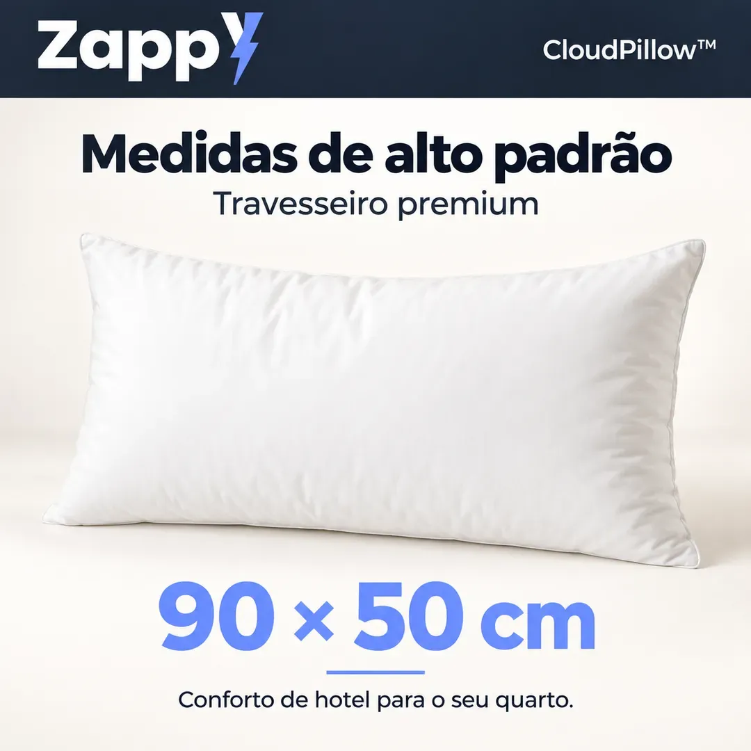 Travesseiro CloudPillow branco visto de frente, com a medida 90 × 50 cm indicada embaixo