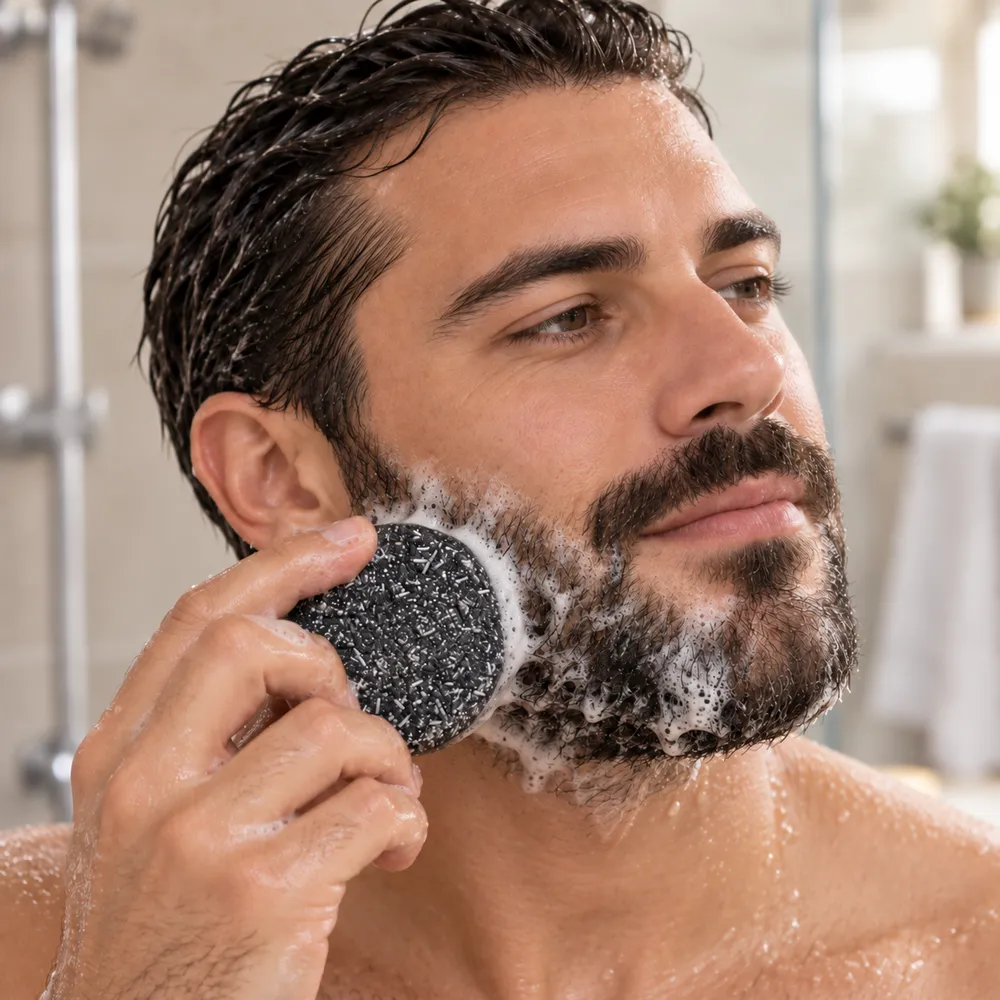 Homem lavando a barba com a barra de shampoo