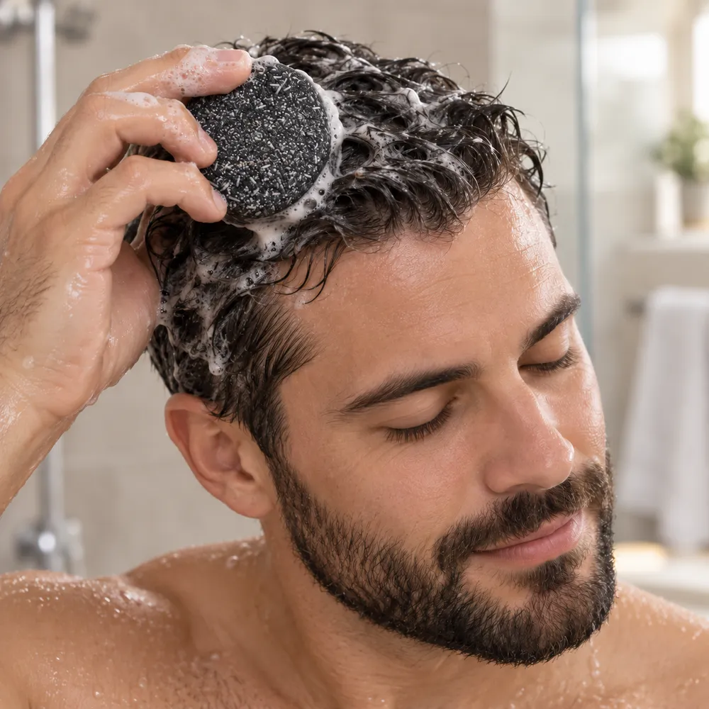 Homem passando a barra de shampoo no cabelo molhado