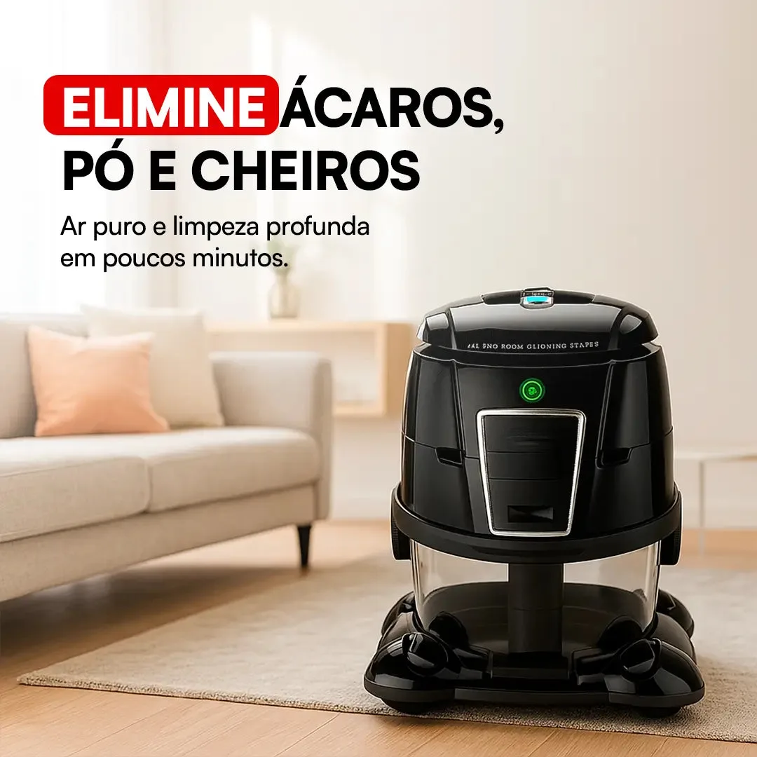 A máquina no chão da sala, ao lado do sofá, com a chamada: elimine ácaros, pó e cheiros